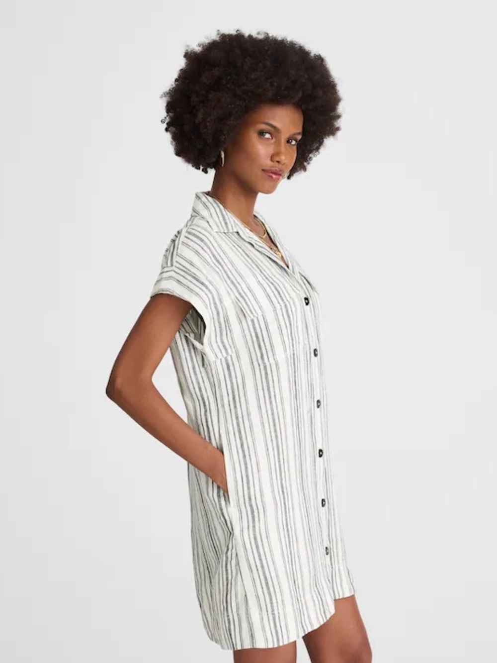 Madewell White and Gray Striped Button-Front Dress EUC